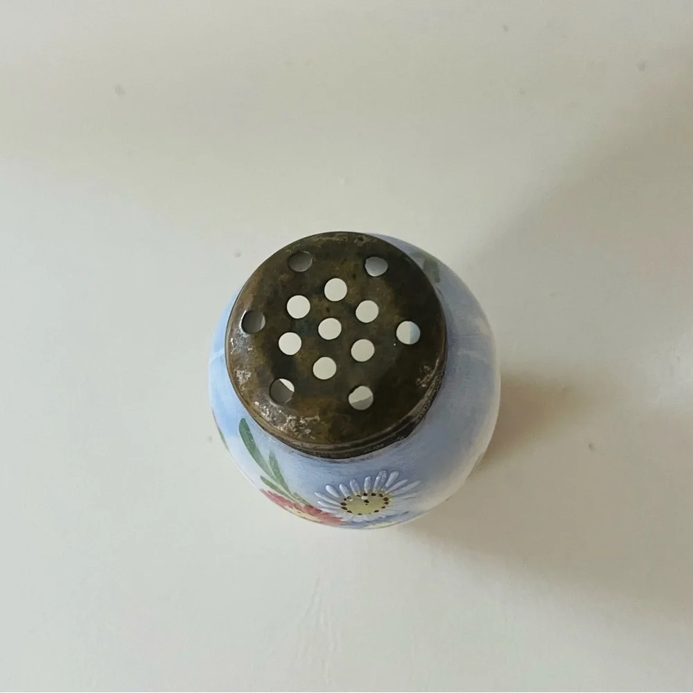 Hand-Painted Milk Glass Floral Salt Shaker with Metal Lid